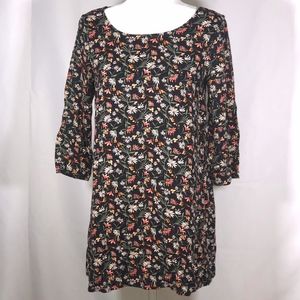Floral Black Long Sleeve Tunic w/ Criss Cross Back
